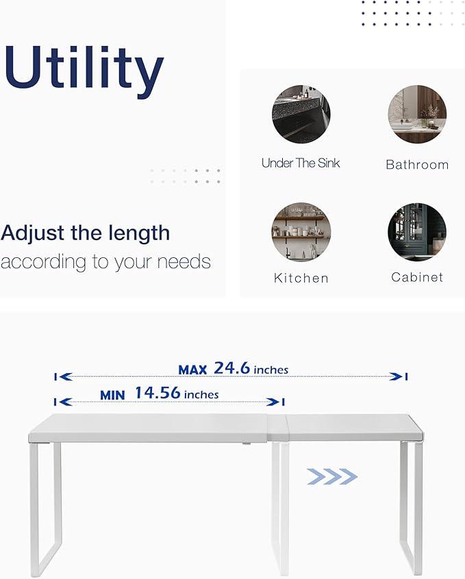 Nxconsu Cabinet Shelf Expandable Organizer Riser Rack for Kitchen Pantry Cupboard Under Sink Countertop Home Organization Extra Storage Space Saver Heavy Duty Metal Edgeless Design White Extra Large