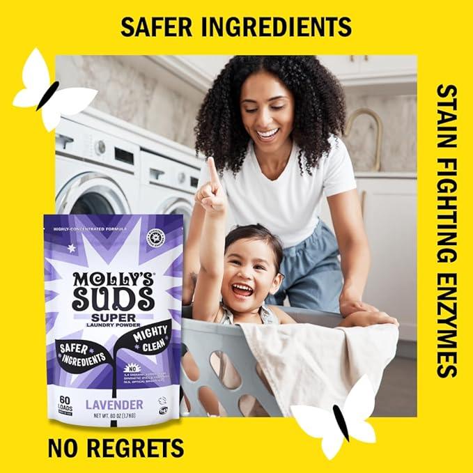 Molly's Suds Super Powder Detergent | Extra Strength Laundry Soap, Stain Fighting | Sensitive Skin | Simple, Effective Ingredients | 60 Loads - Lavender