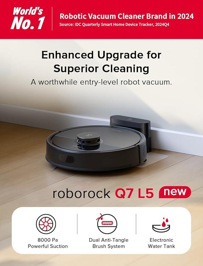 roborock Q7 L5 Robot Vacuum and Mop Combo, 8,000Pa Suction, Upgraded from Q5 Pro, Dual Anti-Tangle System, LiDAR Navigation, Multi-Level Mapping, Self-Charging Robotic Vacuum Cleaner, Black