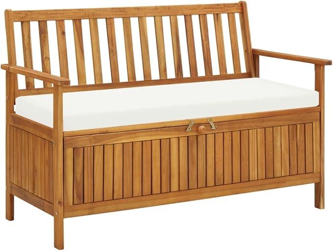 vidaXL Solid Acacia Wood Outdoor Storage Bench with Backrest, Armrests, and Cushion - 47.2