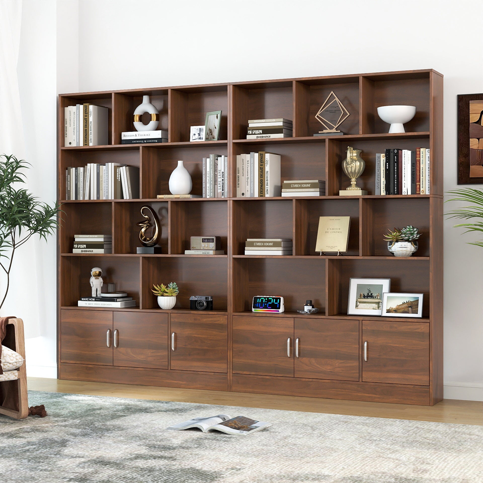 70.87' Tall Bookshelf with 10 Cubes and 3 Doors, 4-Tier Bookshelf, Open Shelf Bookcase with Cabinet, Modern Cube Storage Organizer for Living Room, and Office