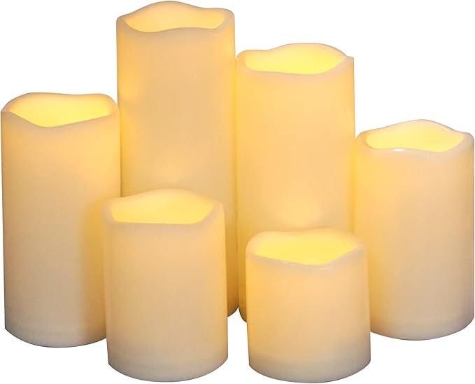 CANDLE CHOICE Waterproof Outdoor Battery Operated Flameless Pillar Candles with Timer White Plastic Realistic Flickering Electric LED Lights for Lantern Garden Wedding Christmas Decorations 6 Pack