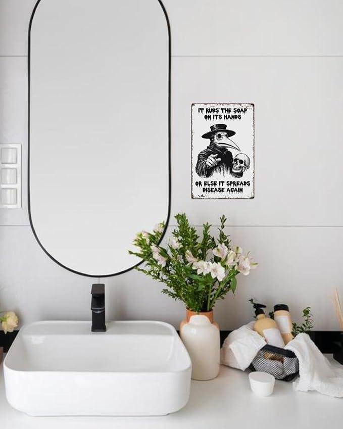 ALKB Halloween Bathroom Decor 8 x 12 Inch - Goth Plague Doctor Metal Tin Sign,Gothic Lovers Gifts,IT RUBS THE SOAP ON ITS HANDS