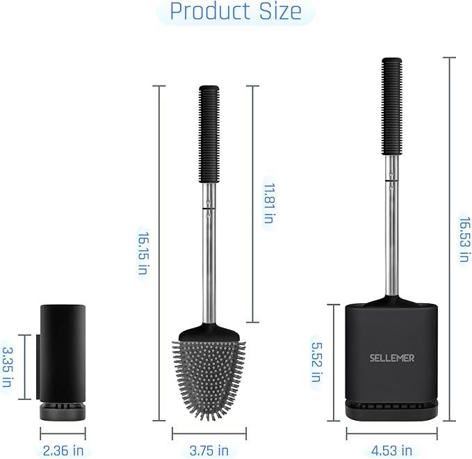 Sellemer Toilet Brush and Holder Set - Flexible Toilet Bowl Brush Head with Silicone Bristles, Compact Size for Storage and Organization, Ventilation Slots Base (1 Pack, Black)