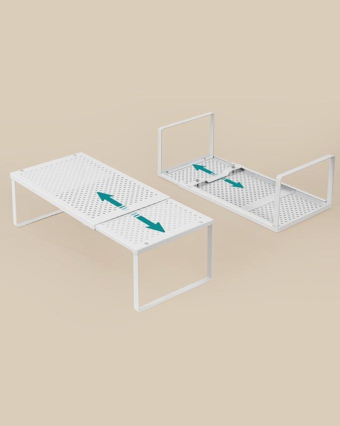 SONGMICS Spice Racks, Set of 2 Expandable Kitchen Countertop Shelves, Small Cupboard Organizers, Metal, Space-Saving Tabletop Shelves, Matte White UKCS402W01