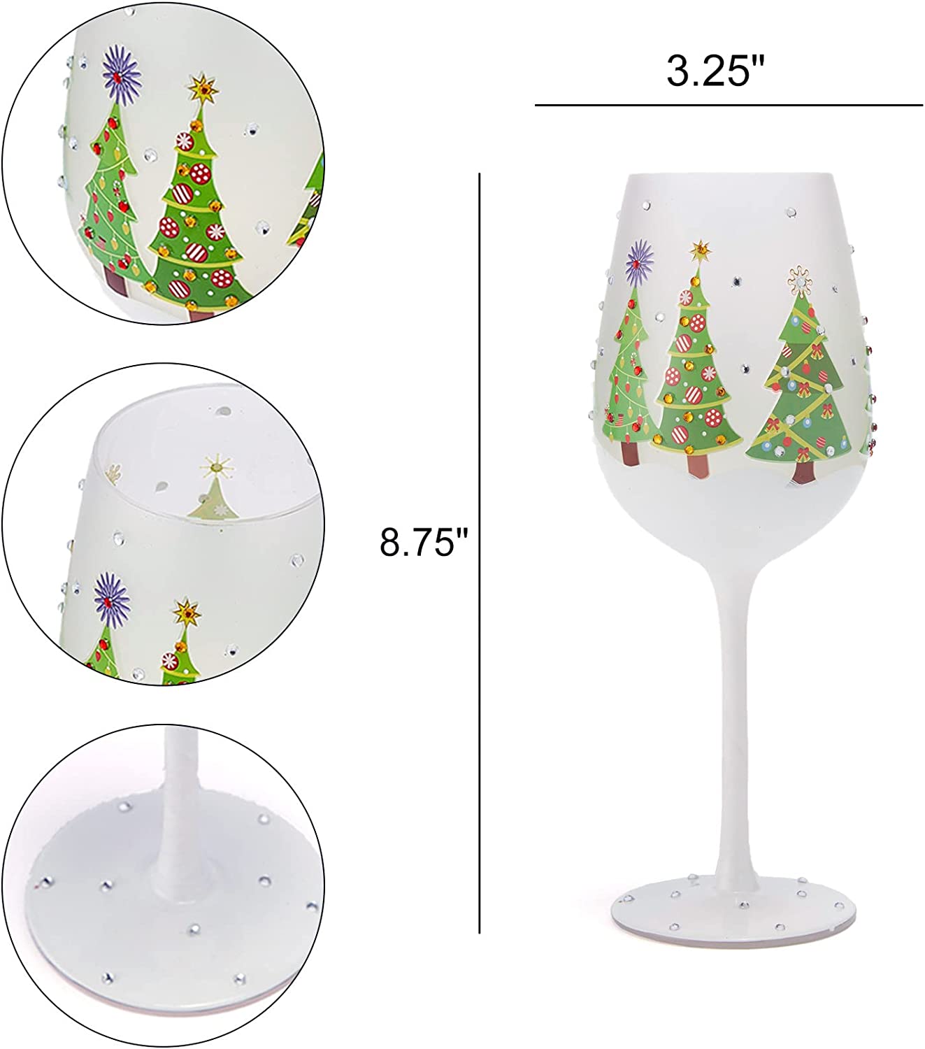 Set of 2 Stemmed Christmas Tree Design Wine Glasses - Hand Painted 14 oz Decorated Christmas Tree Glasses - Perfect for Wine, Champagne, Holiday Parties and Festivities - 8.75