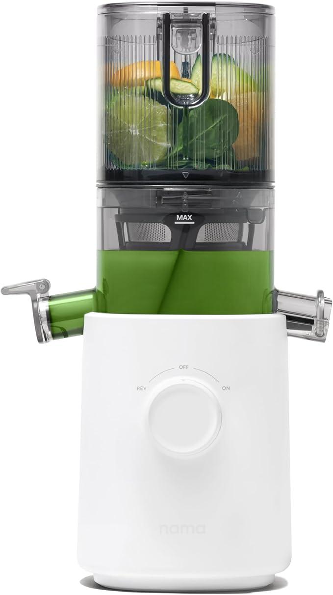 Nama J3 Compact Cold Press Juicer – Space Saving & Self Feeding for Hands-Free Operation – Lightweight, Portable Zero Waste Slow Masticating Juicer – Easy Cleanup & Assembly - White