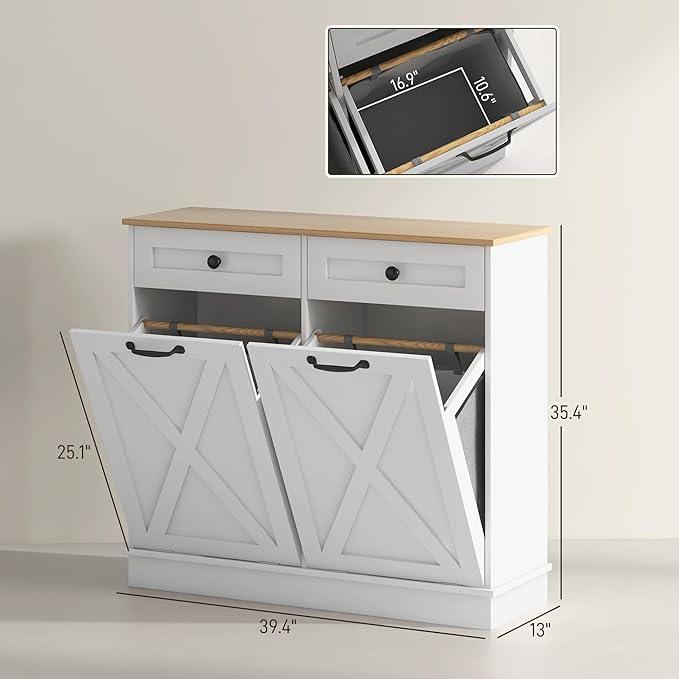HOMCOM Tilt Out Laundry Hamper Cabinet with 2 Removable Baskets, Freestanding Bathroom Storage Cabinet with 2 Drawers, Trash Can Cabinet for Living Room, Laundry Room, White