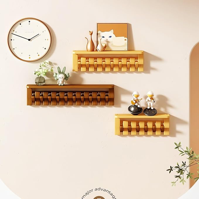 Wall Mounted Piano Key Hanger | Flip Style Hook | Entrance Wall Art Hook, Made of Oak Wood (3 Times Painted, 4 Times Polished) (Tray Beech, 6Hooks)