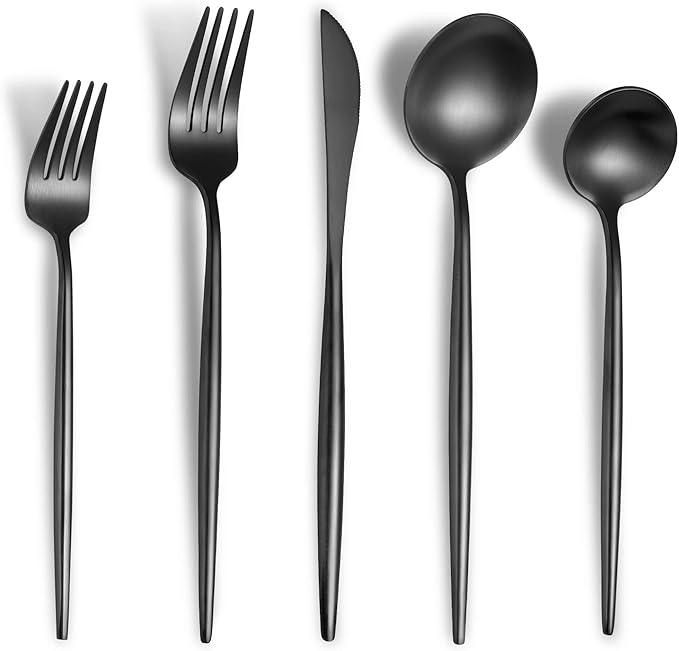 Matte Black Silverware Set for 8,Modern Stainless Steel Brushed Cutlery Set,40-Pieces Heavy Duty Flatware Set,Knives Spoons and Forks Set Utensils Set, Satin Finish, Dishwasher Safe