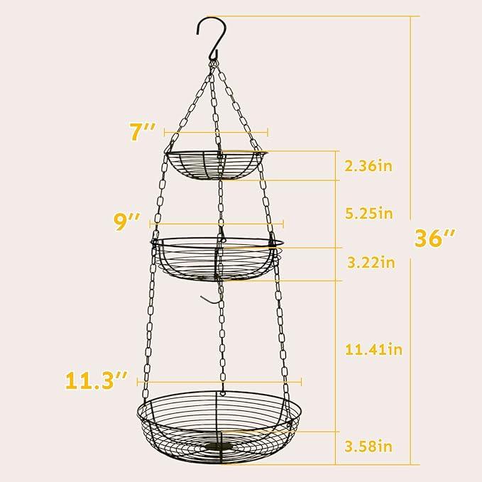 HULISEN 3 Tier Hanging Fruit Basket with Banana Hook, Heavy Duty Wire Hanging Baskets for Kitchen Storage, 36 Inch Hanging Vegetable Produce Basket Organizer (Including Installation Bracket)