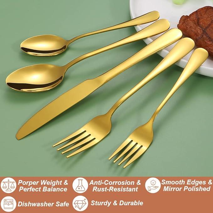 Lazycorner 40 Pcs Gold Silverware Set for 8, Food Grade Stainless Steel Flatware Set Include Fork/Knife/Spoon, Mirror Polished Eating Utensils Sets, Reusable Silverwear Cutlery Set, Dishwasher Safe