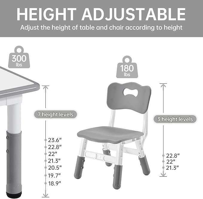 Kids Study Table and Chairs Set, Height Adjustable Toddler Table and Chair Set for Kids Ages 3-8, Graffiti Desktop (Grey)