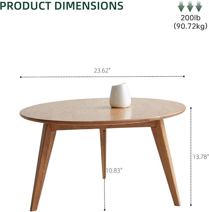 100% Solid Oak Wood Mini Coffee Table, Round Living Room Table Side Table w/Solid Wood Legs, Walnut Mid Century Sturdy Tables for Bedroom Balcony Living Room (23.62