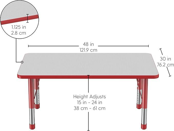 FDP Rectangle Activity School and Classroom Kids Table (30 x 48 inch), Chunky Toddler Legs, Adjustable Height 15-24 inches - Gray Top and Red Edge