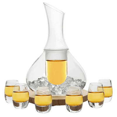 Sake Set Glasses Japanese, 15 Ounce, With 6-1oz Crystal Saki Cups Set, for Warmer or Cold Japanese Wine Drinking with a Wooden Stone Coaster by The Wine Savant, Cups & Carafe Japanese Gifts Set