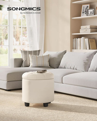 Round Ottoman With Durable Storage Linen-Look Beige