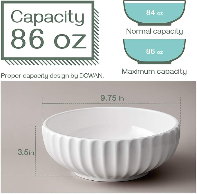 DOWAN 9.8'' Serving Bowls, 86 oz White Serving Platters, Large Ceramic Serving Dishes, Fruit Bowl, Set of 2, for Entertaining, Party, Kitchen, Dinner, Banquet, Housewarming Gift, Soft White
