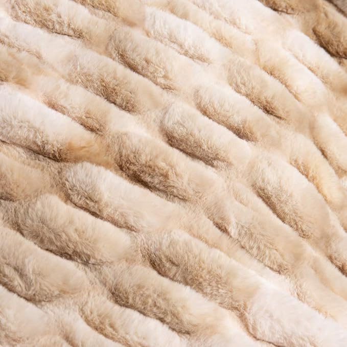 BATTILO HOME Ruched Luxury Faux Fur Throw Blanket Beige Tie-dye Rabbit Fur Blanket for Couch, Living Room, Fuzzy, Soft, Plush, Cozy, Elegant with Reversible Mink Blanket Beige, 60