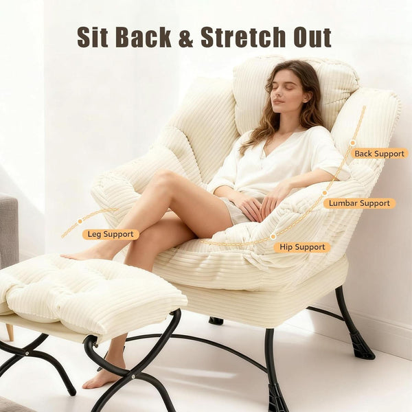 Oversized Corduroy White Reading Chair With Ottoman