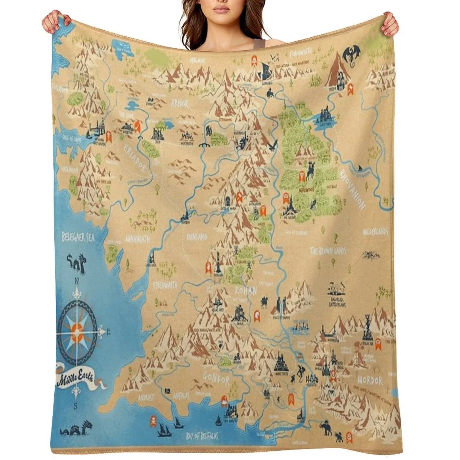 Tolkien - Middle Earth Map,  Simple Icon Illustrations Throw Blanket