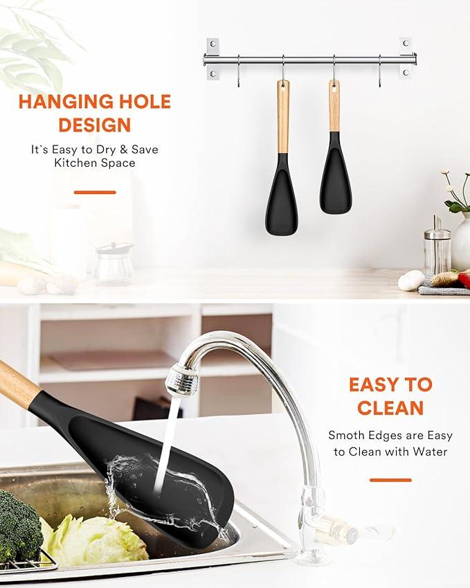 Multifunction Spatula Spoon for Nonstick Cookwares, Great for Cooking and Serving, Sturdy BPA-Free Matte Silicone, Wood Handle Spatula for Mixing, Scoop, and Scrape, Black(2 pack,11.4