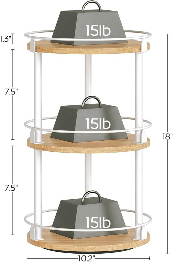 3-Tier Lazy Susan Organizer, Rotating Spice Rack, Spinning Organizer, Industrial Turntable Spice Rack Organizer for Cabinet, Kitchen Countertop, Pantry, White and Natural SR23WN