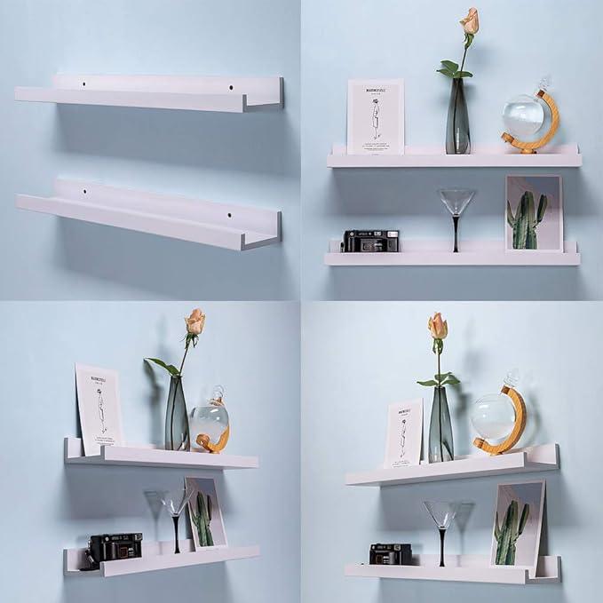 AZSKY White Floating Shelves Wall Mounted Set of 2, 24 Inch Picture Ledge Shelf for Storage Bedroom Bathroom Kitchen Living Room Office Modern Rustic Style Display Shelves (Solid Pine Wood)