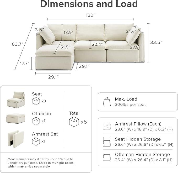 mopio Oversized Modular Sectional Sofa with Fully Removable Covers and Storage, Convertible U, L-Shaped and Sleeper Sectional, Modern Couches with Ottoman Chaise (Oat Fabric, 4 Seats, L)