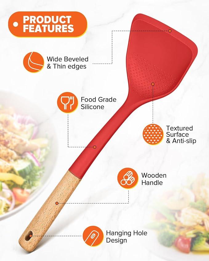 Silicone Cooking Utensils Set, Perfectly Angled for Frying, Mixing,Serving,Draining,Turning and Stirring, BPA-Free Matte Silicone, Wood Handles, Safe for Nonstick Cooking Surfaces,4 Pack (Red)