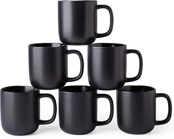 AmorArc 14oz Coffee Mugs Set of 6, Ceramic Coffee Mugs with Large Handle & Wavy Rim for Latte/Hot Cocoa/Tea, Stylish Coffee Mugs for Men Women. Oven,Dishwasher&Microwave Safe, Matte Black