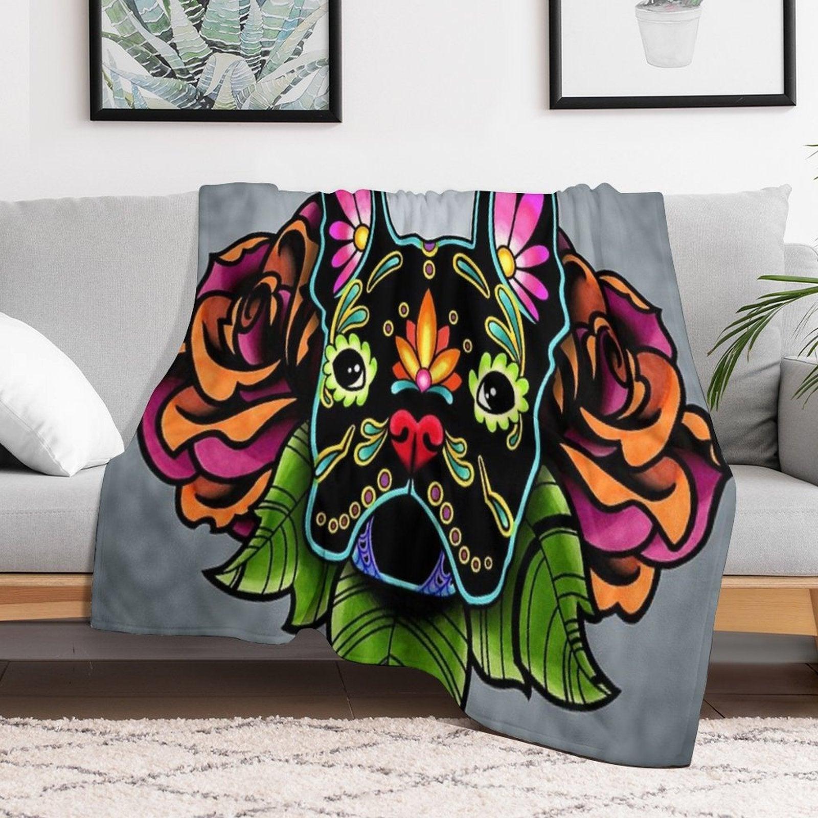 Day of The Dead French Bulldog in Black Sugar Skull Dog Throw Blanket