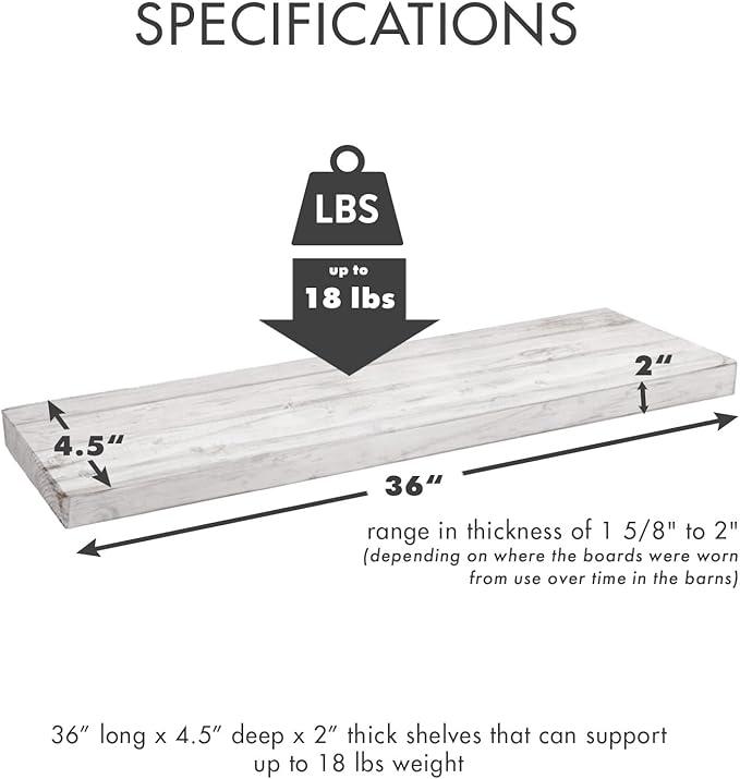 Urban Legacy Reclaimed Barnwood Planks | Floating Shelves for Wall w/Flush Mount Shelf Bracket Set Included | | Set of 2 (White Wash, 36