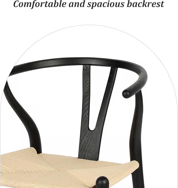 Wishbone Chair Natural Solid Wood Dining Chair/Hans Wegner Y Chair Rattan and Wood Accent Armrest Chairs Set of 2 (Ash Wood - Black + Natural Cord)
