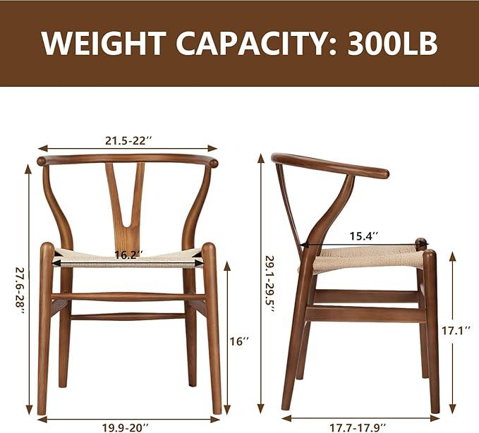 Wishbone Chair Natural Solid Wood Dining Chair/Hans Vegner Y Chair Rattan and Wood Accent Armrest Chairs Set of 1 (Ash Wood - Walnut)