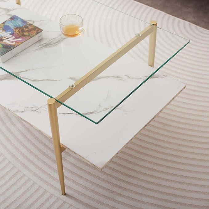 Rectangle Coffee Table for Living Room, Mid-Century Modern Design, L41 x W21 x H17, 2-Tier Structure, Clear Glass Top and White Marble Finish Wood Shelf, Conical Legs with Gold Finish