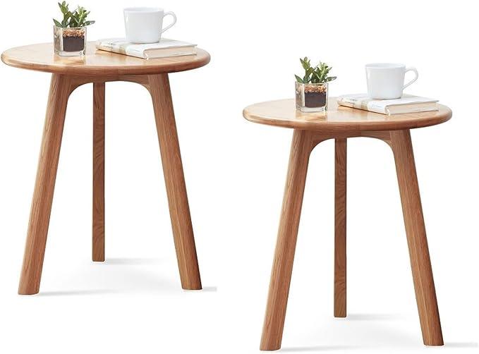 100% Solid Oak Round Side Table Set of 2, Small Bedside Table for Small Spaces, Living Room End Table with Stable Frame, Modern Nightstand for Bedroom Couch(Natural, 17.71