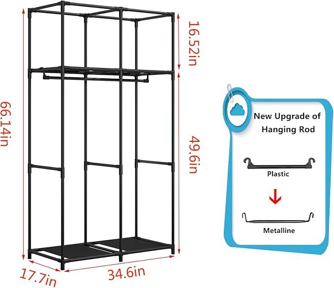 SORCEDAS Portable Wardrobe Closet Storage Organizer Metal Hanging Rack Non-Woven Fabric 34 Inch Grey