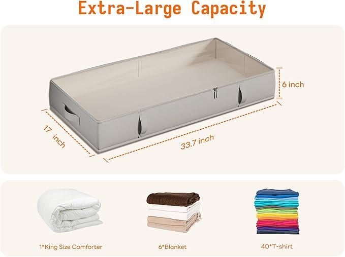 Vailando Under Bed Storage Containers, Underbed Storage Bins, 6 Inches Tall Clothes Storage Box with Sturdy Handles and Sidewalls, Foldable, Gray, 2-Pack
