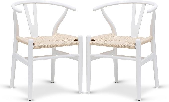 POLY & BARK Weave Dining Chairs – Mid-Century Modern Wishbone Dining Chairs with Arms, Solid Wood Frame, Indoor Use – White – Set of 2 - Ideal for Dining Room, Kitchen or Stylish Accent Setting