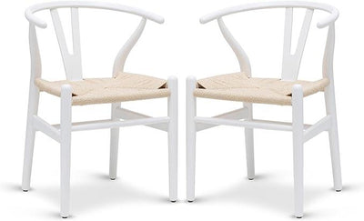 POLY & BARK Weave Dining Chairs – Mid-Century Modern Wishbone Dining Chairs with Arms, Solid Wood Frame, Indoor Use – White – Set of 2 - Ideal for Dining Room, Kitchen or Stylish Accent Setting