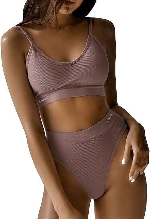 Talmont Seamless Ribbed Bra & Panty Set – Soft, Stretchy Lounge Lingerie with Removable Pads