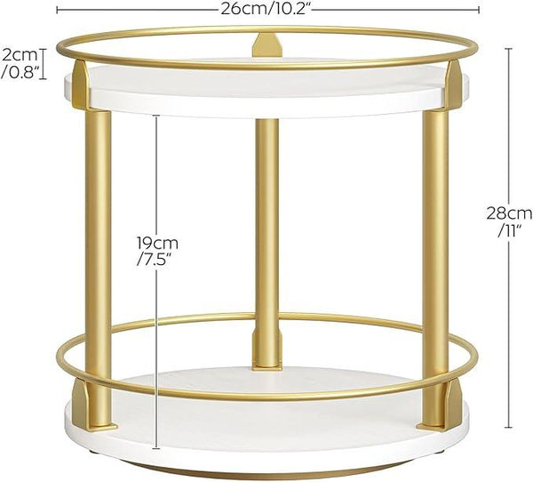 Lazy Susan Organizer, Rotating Spice Rack, 2 Tier Spice Turntable Organizer, Industrial Turntable Spice Holder, for Kitchen Countertop and Cabinet, Compact and Versatile, White and Gold SR22DW