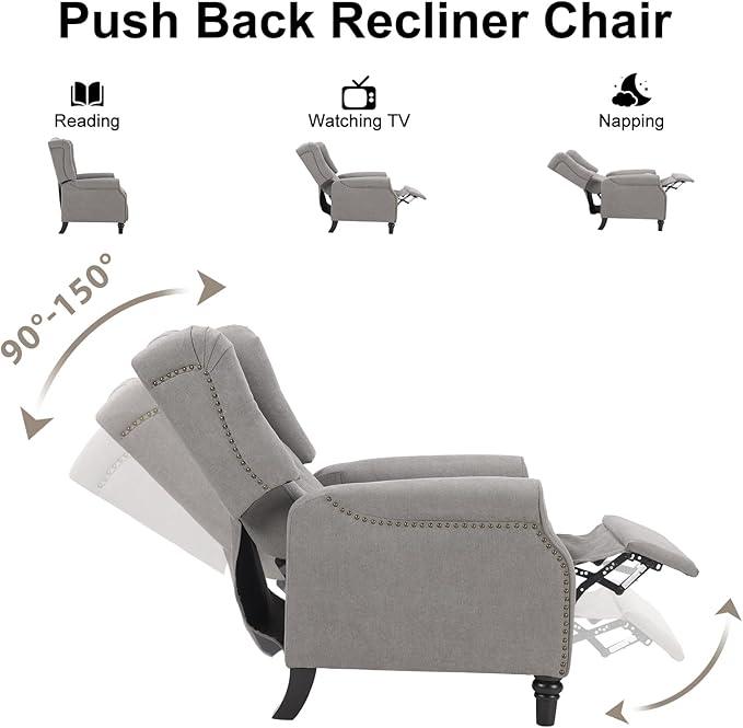 EBELLO 2 Pcs Pushback Recliner Chairs, Fabric Armchair Push Back Recliner with Rivet Decoration, Single Sofa Accent Chair for Living Room, Bedroom, Grey
