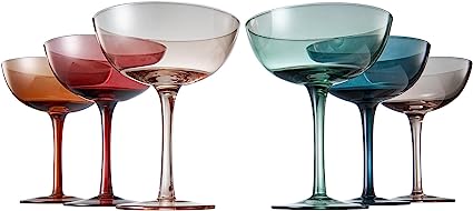 Cocktail & Champagne Coupe Glasses Coupe Cocktail Glasses 7 oz | Set of 6 | Pastel Colored Crystal Cocktail Glassware for Champagne, Martini, Manhattan Goblet Cocktails, Glassware - Luxury Gift Box