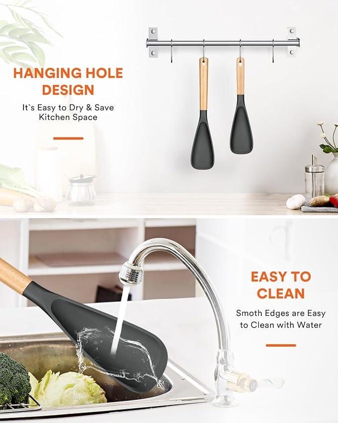 Multifunction Spatula Spoon for Nonstick Cookwares, Great for Cooking and Serving, Sturdy BPA-Free Matte Silicone, Wood Handle Spatula for Mixing, Scoop, and Scrape, Grey(2 pack,11.4