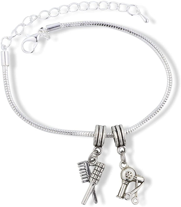 Emerald Park Jewelry Hair Stylist Bracelet | Blow Dryer and Brushes Stainless Steel Snake Chain Charm Bracelet