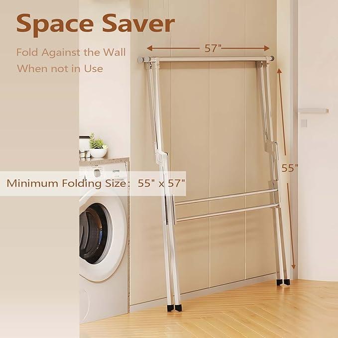 JAUREE Clothes Drying Rack 2 Tiers, Heavy Duty Drying Rack Clothing Folding Indoor Outdoor, Stainless Steel Laundry Drying Rack, Foldable Garment Rack with 20 Windproof Hooks (84 Inches)