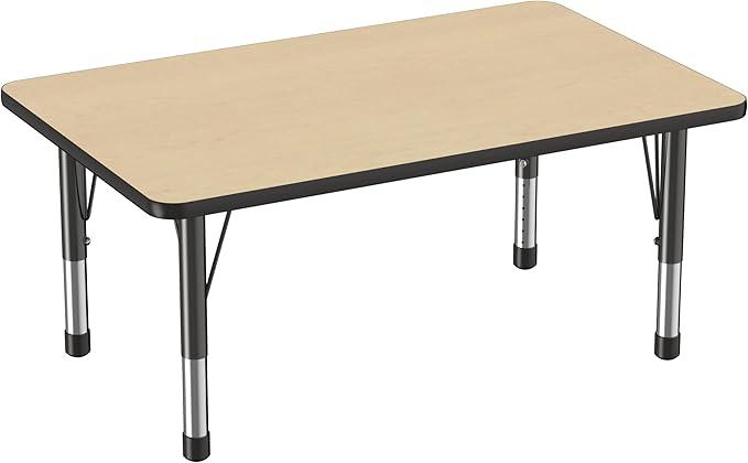 FDP Rectangle Activity School and Classroom Kids Table (30 x 48 inch), Chunky Toddler Legs, Adjustable Height 15-24 inches - Maple Top and Black Edge