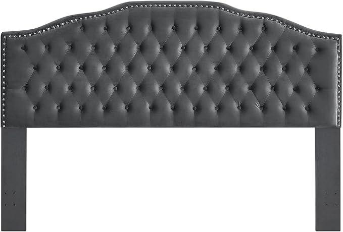 24KF Upholstered Button Tufted King Size Headboard with Nailhead Trim, Soft Velvet Fabric Headboard King/Cal King Size -Dark Gray